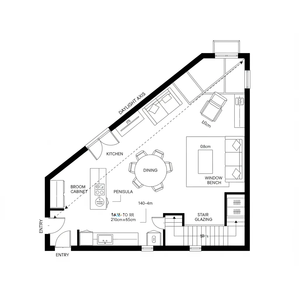Top-down CAD plan showing a diagonal daylight-guided circulation spine