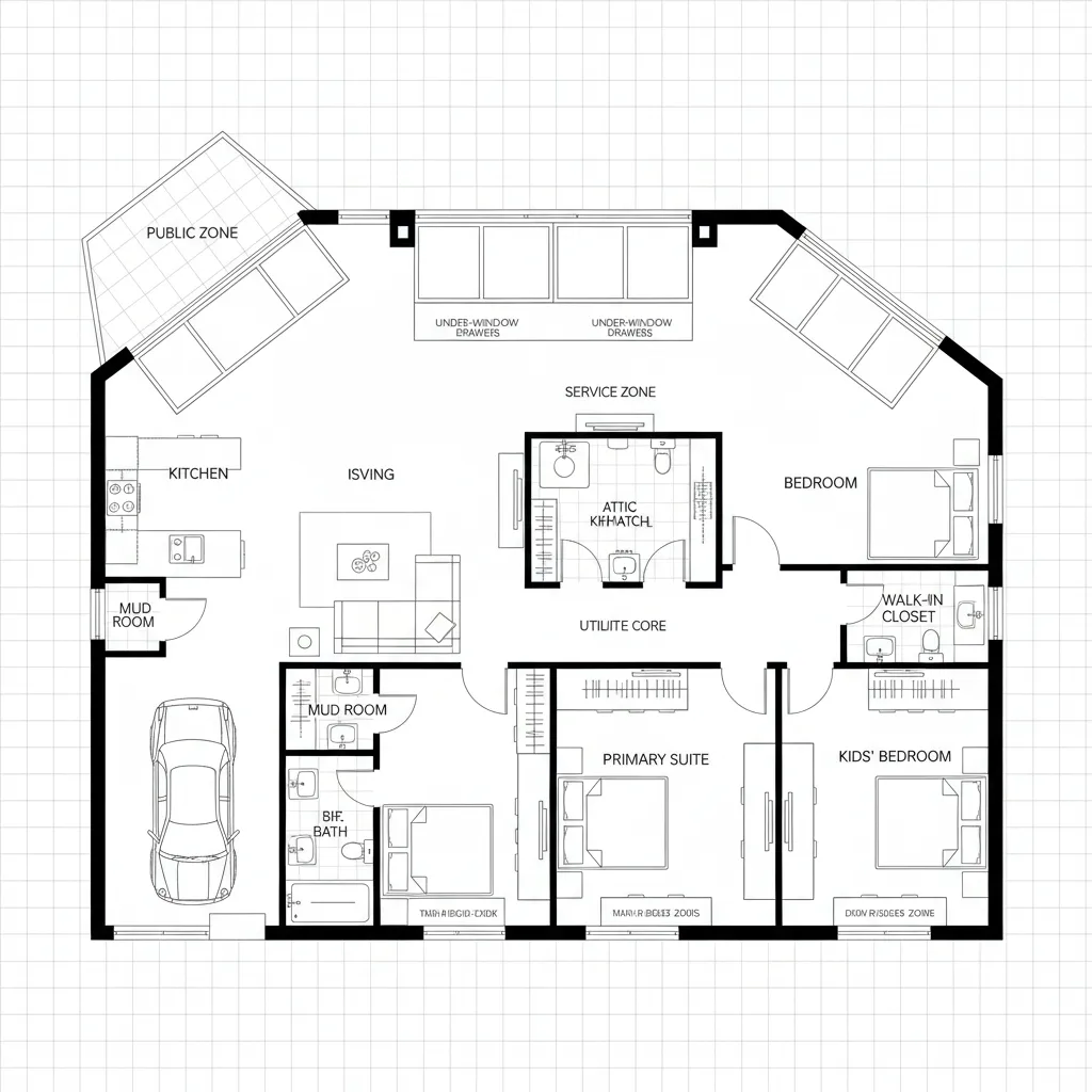 Diagonal Daylight Sweep + Central Utility Core