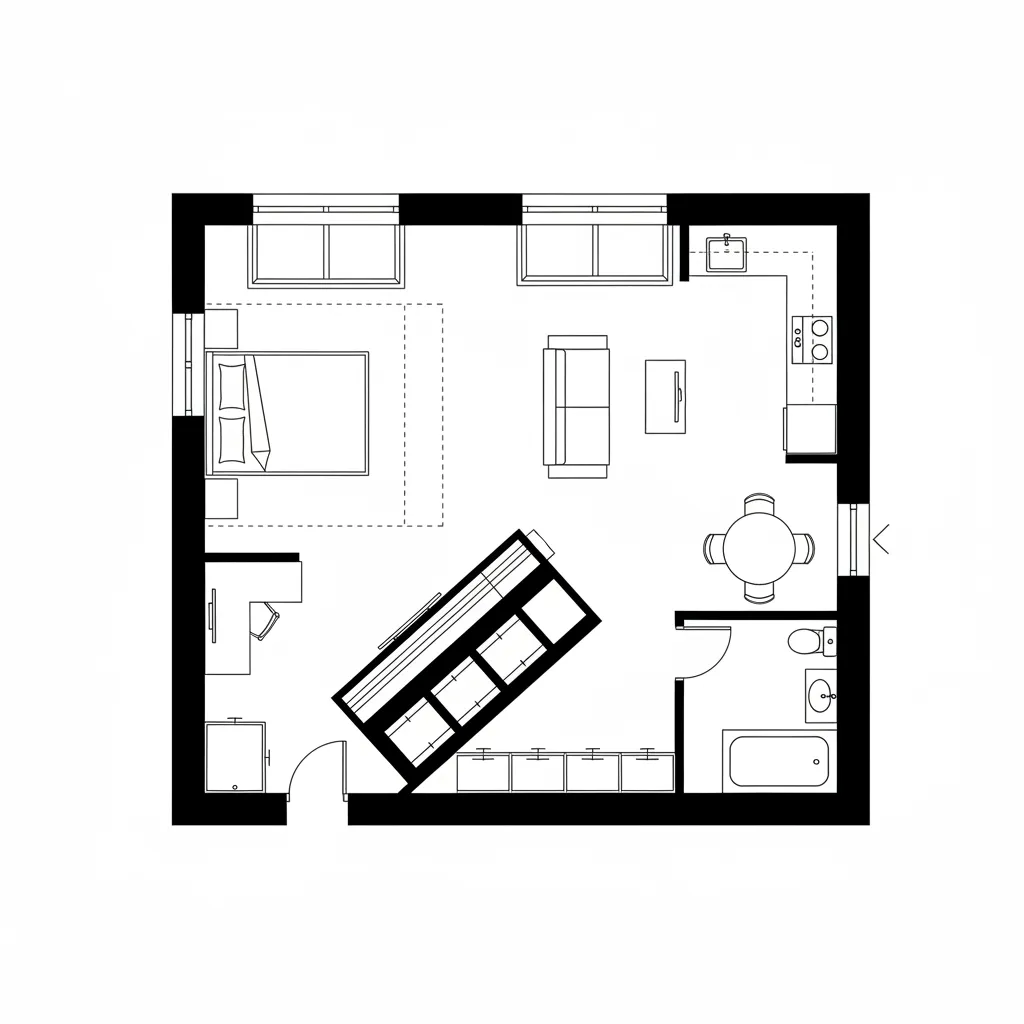 Top-down CAD plan of a studio with diagonal work wall, corner kitchen, and translucent-bed zone