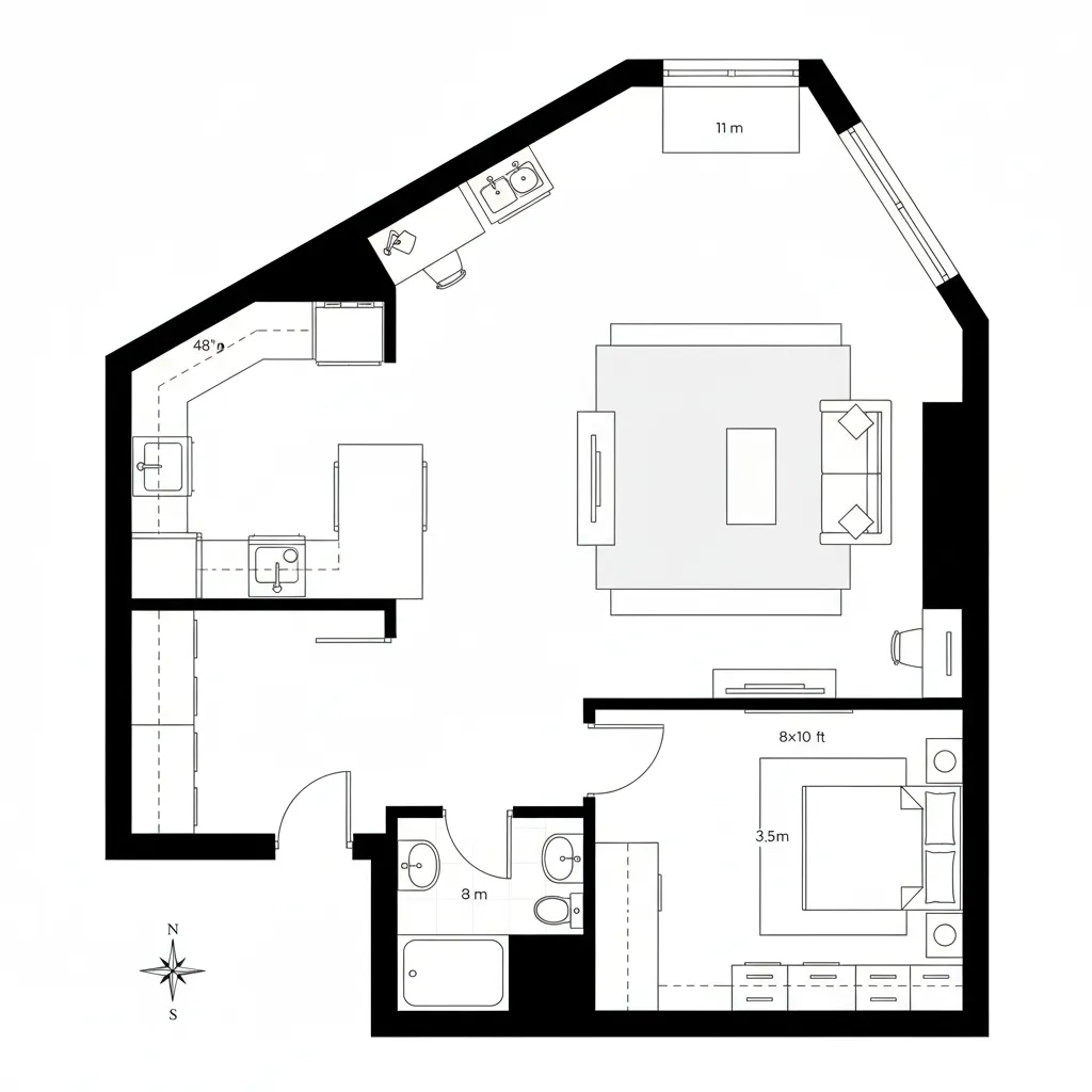 Two dimensional interior design drawing showing a kitchen living area bedroom and bathroom with furniture