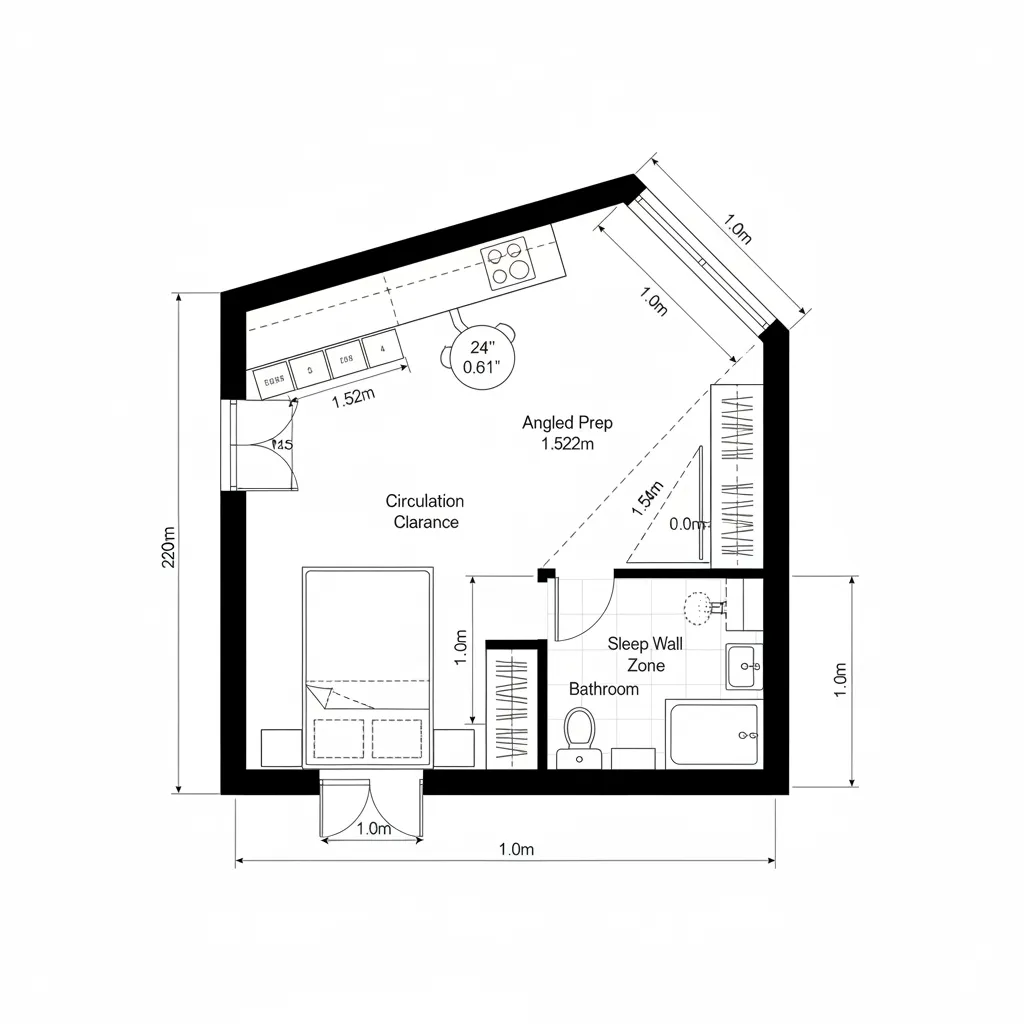 Floor plan drawing of a studio apartment with kitchen and bathroom showing room layout and dimensions
