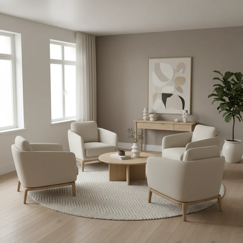 Diagonal four chair layout in a compact living room