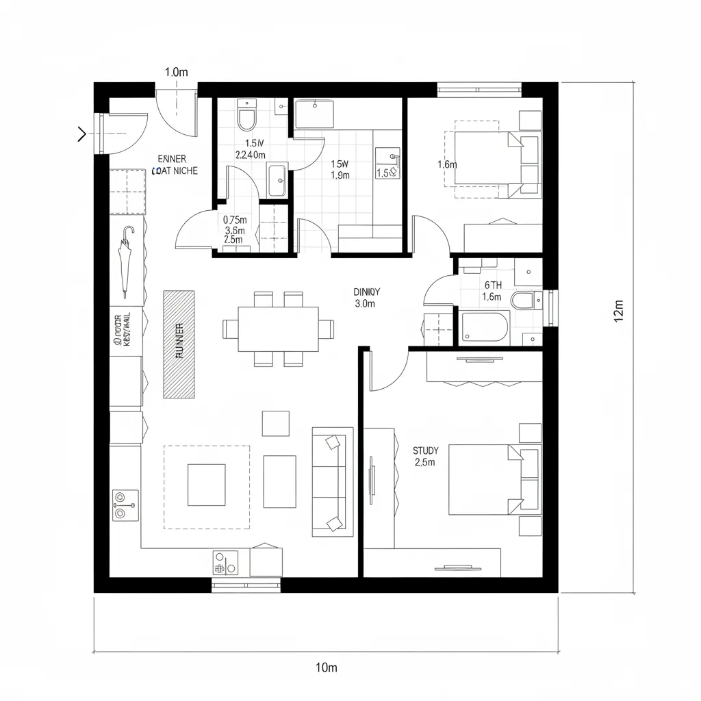 Diagonal Foyer Axis + Courtyard Glimpse