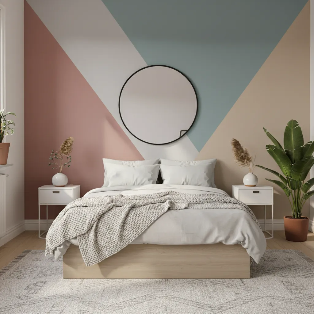 Bedroom wall with diagonal geometric color block paint design