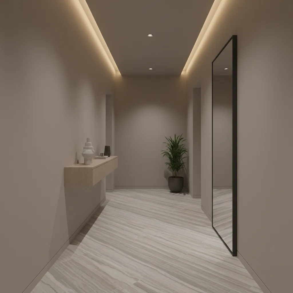 Diagonal tile layout in a narrow hallway to create visual depth