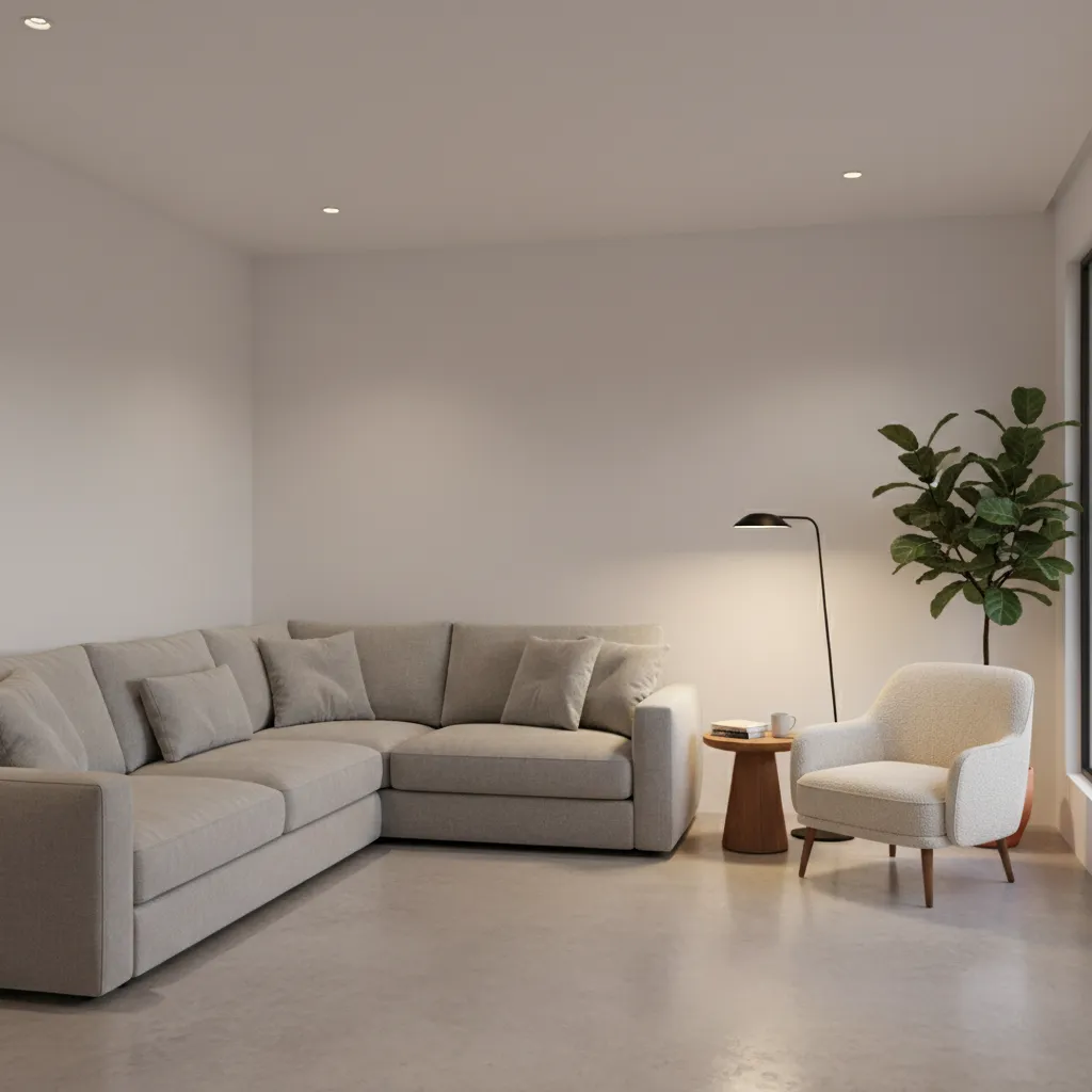 Diagonal living room corner converted into reading nook with chair and floor lamp