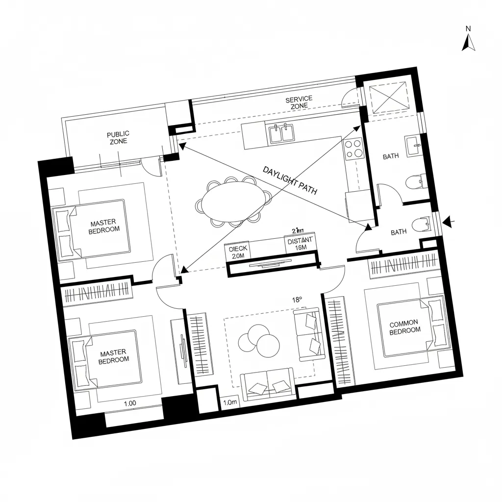 Floor plan layout showing master bedroom common bedroom living area dining table and daylight path lines