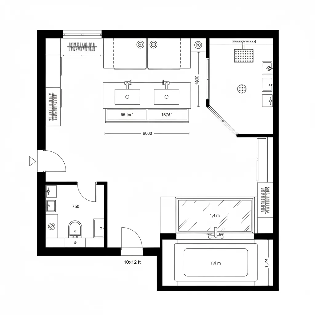 Top-down CAD plan of a 10x12 bathroom organized by a diagonal daylight axis