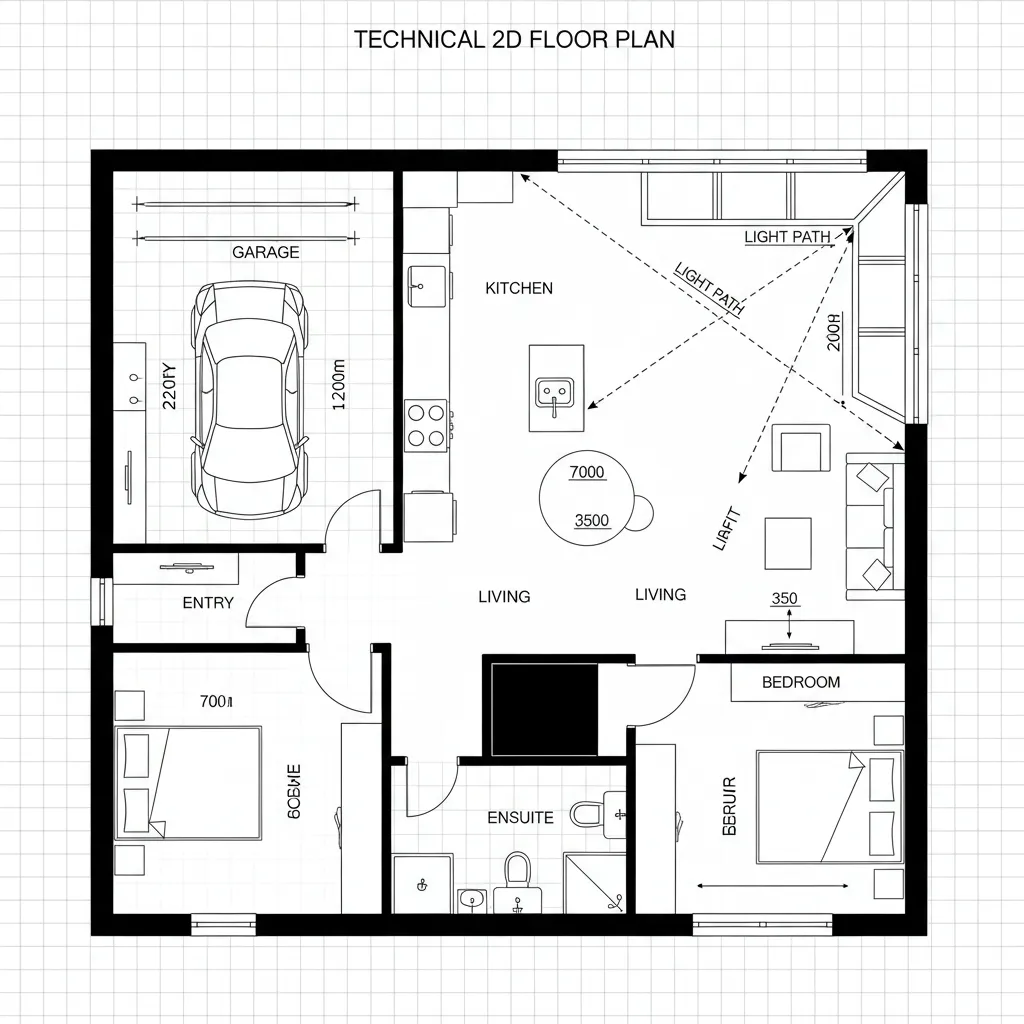 CAD plan with corner glazing and pivot bedroom off living hub