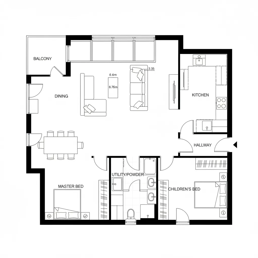 CAD floor plan showing diagonal living orientation with corner kitchen and clear circulation