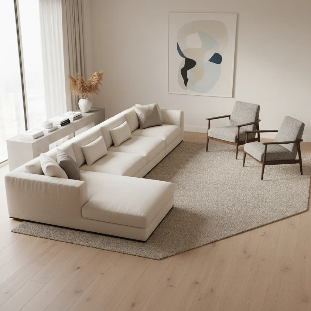 Living room with sofa and chairs placed diagonally around a coffee table