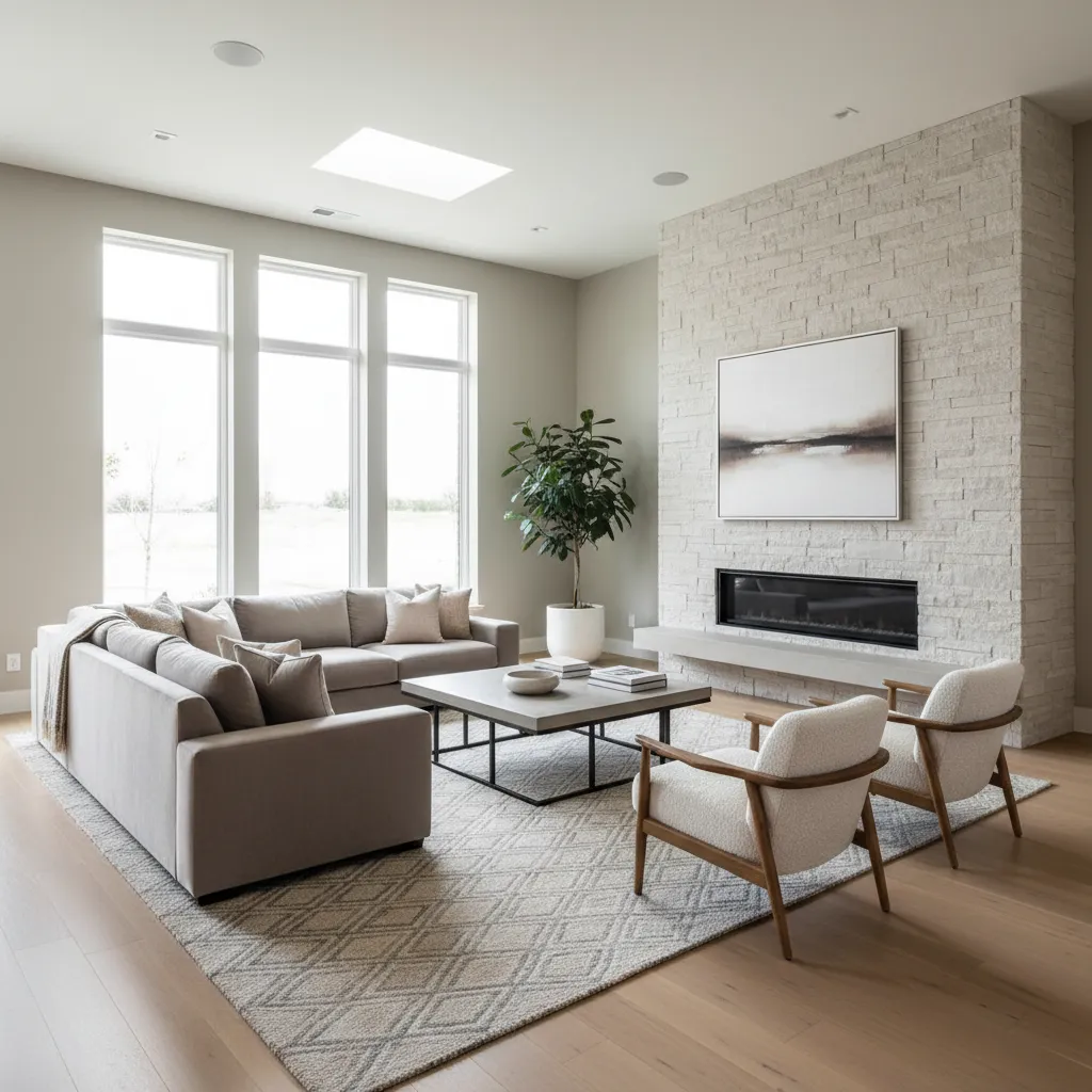 Living room showing diagonal sofa placement facing a fireplace focal point