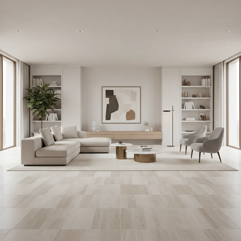 Living room with diagonal tile layout that visually expands floor space