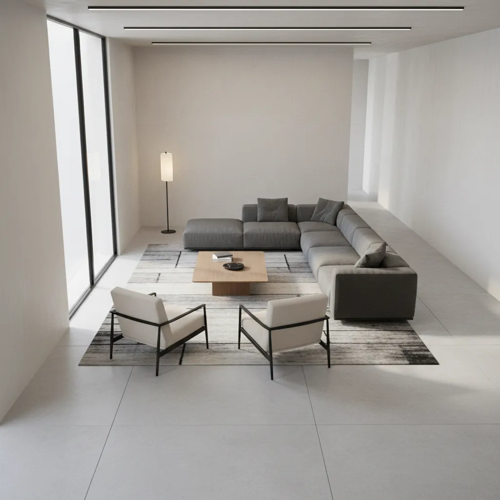 Living room diagram showing clear walking paths around diagonal furniture