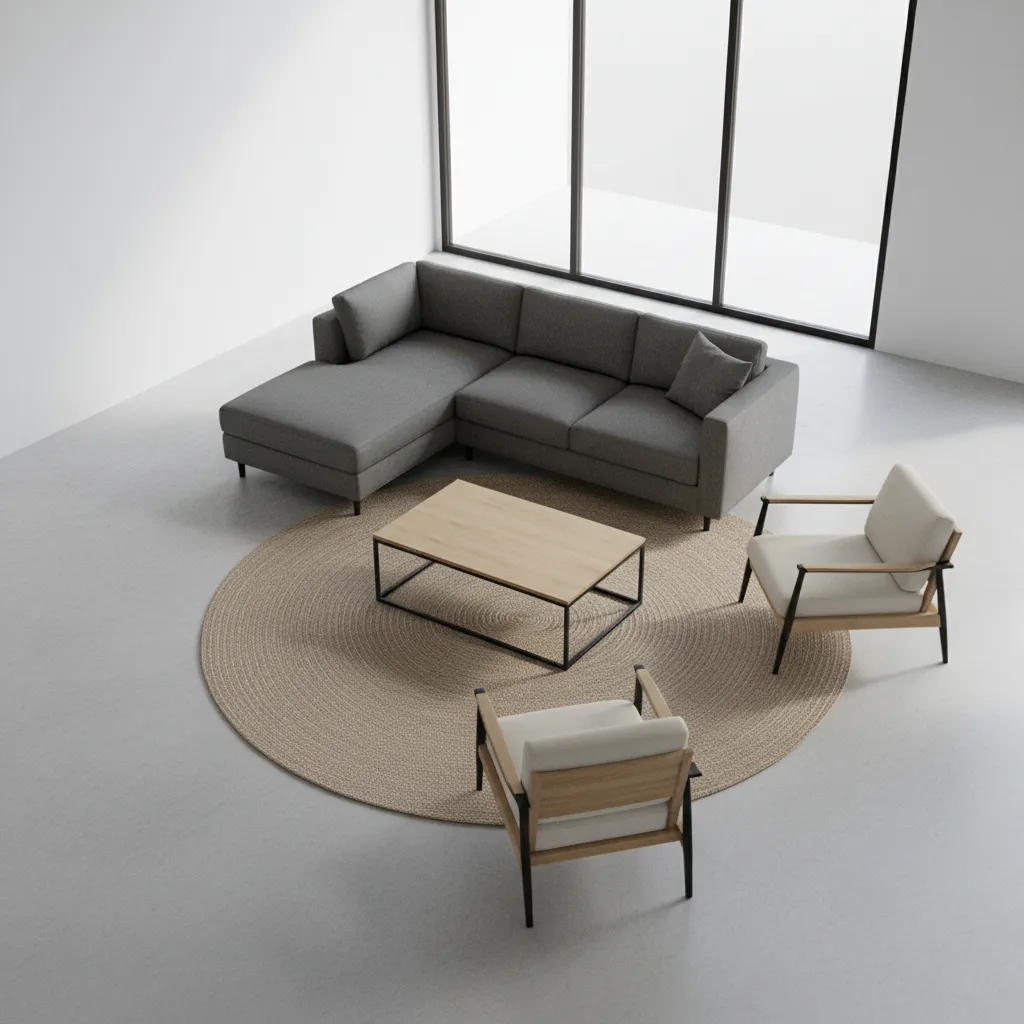 Living room layout showing clear walking path around diagonal sofa arrangement