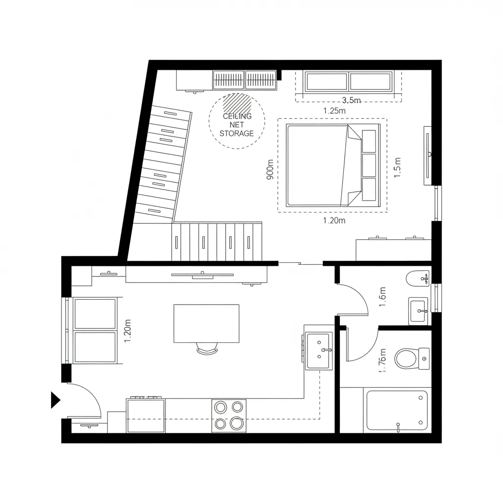 Top-down CAD plan showing diagonal corridor micro-loft with stair storage