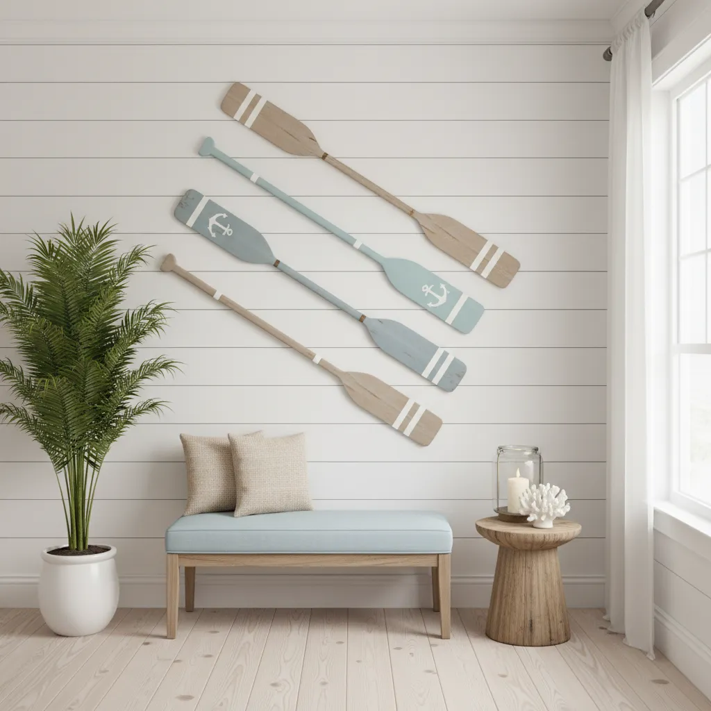 Diagonal arrangement of decorative oars on a narrow coastal wall