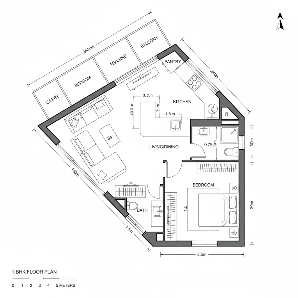 Top-down CAD floor plan with diagonal living-dining core, corner kitchen peninsula, inboard bathroom, and balcony