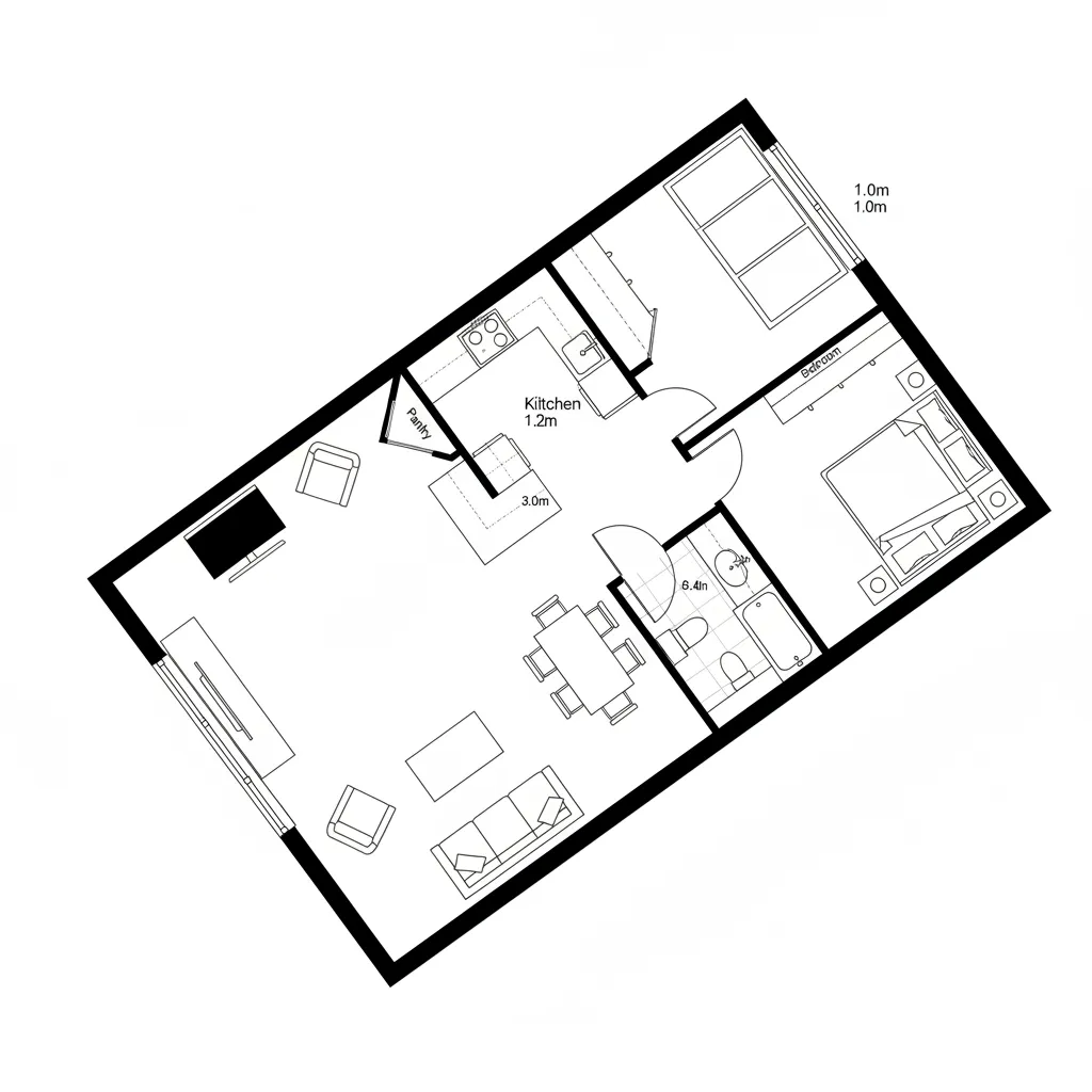 Top-down CAD plan using diagonal living, galley kitchen, and offset bedroom