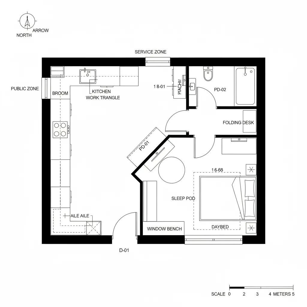 Top-down CAD plan of a 15 sq m studio with a 30-degree oblique partition and pocket door