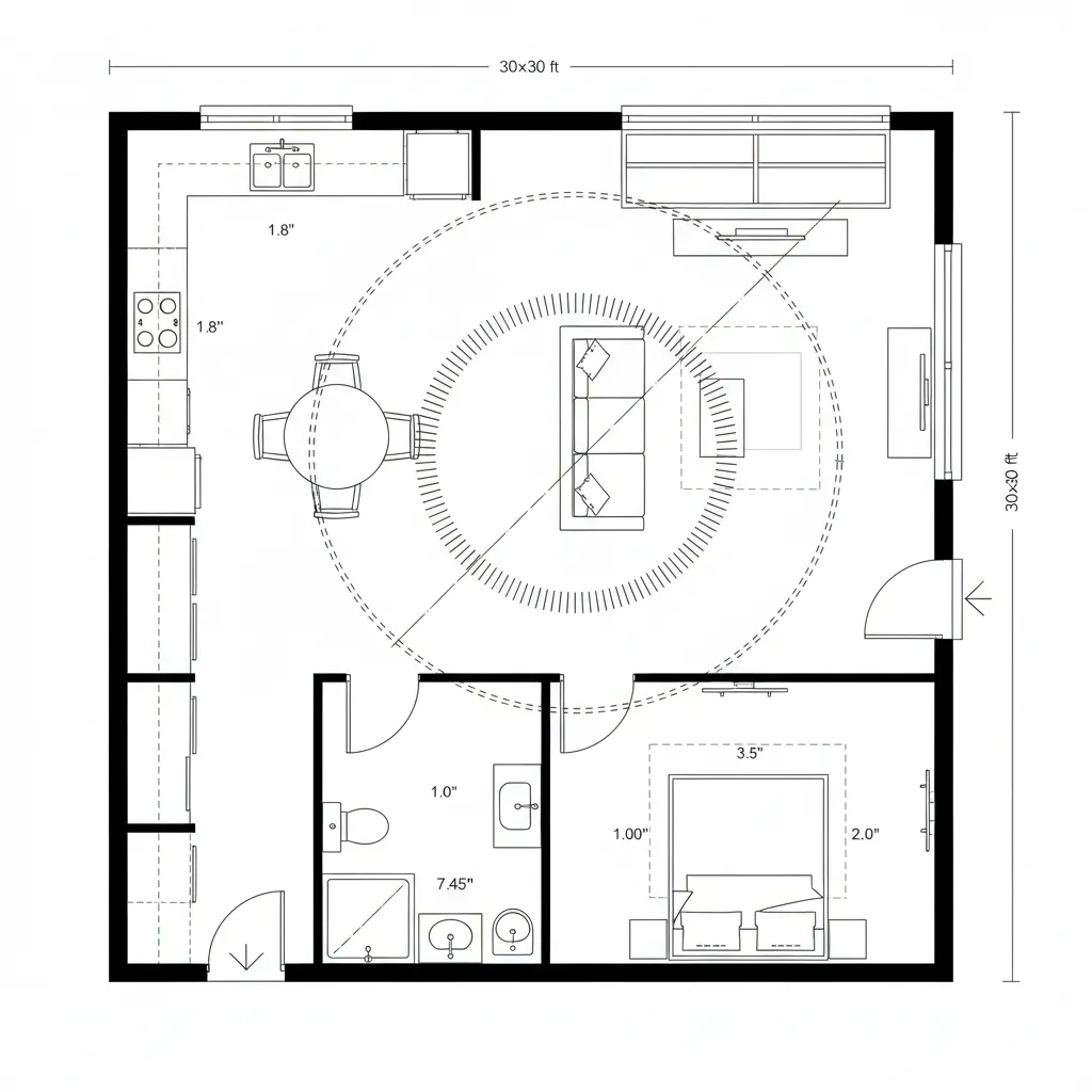 Top-down CAD plan with diagonal sightline ring and central living node