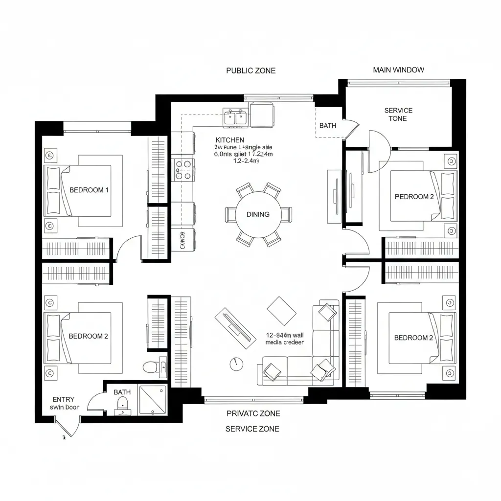 Orthographic 2D plan with corner kitchen and diagonal living axis enhancing perceived area