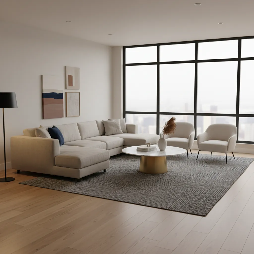 Living room with angled sofa and rug creating visual movement