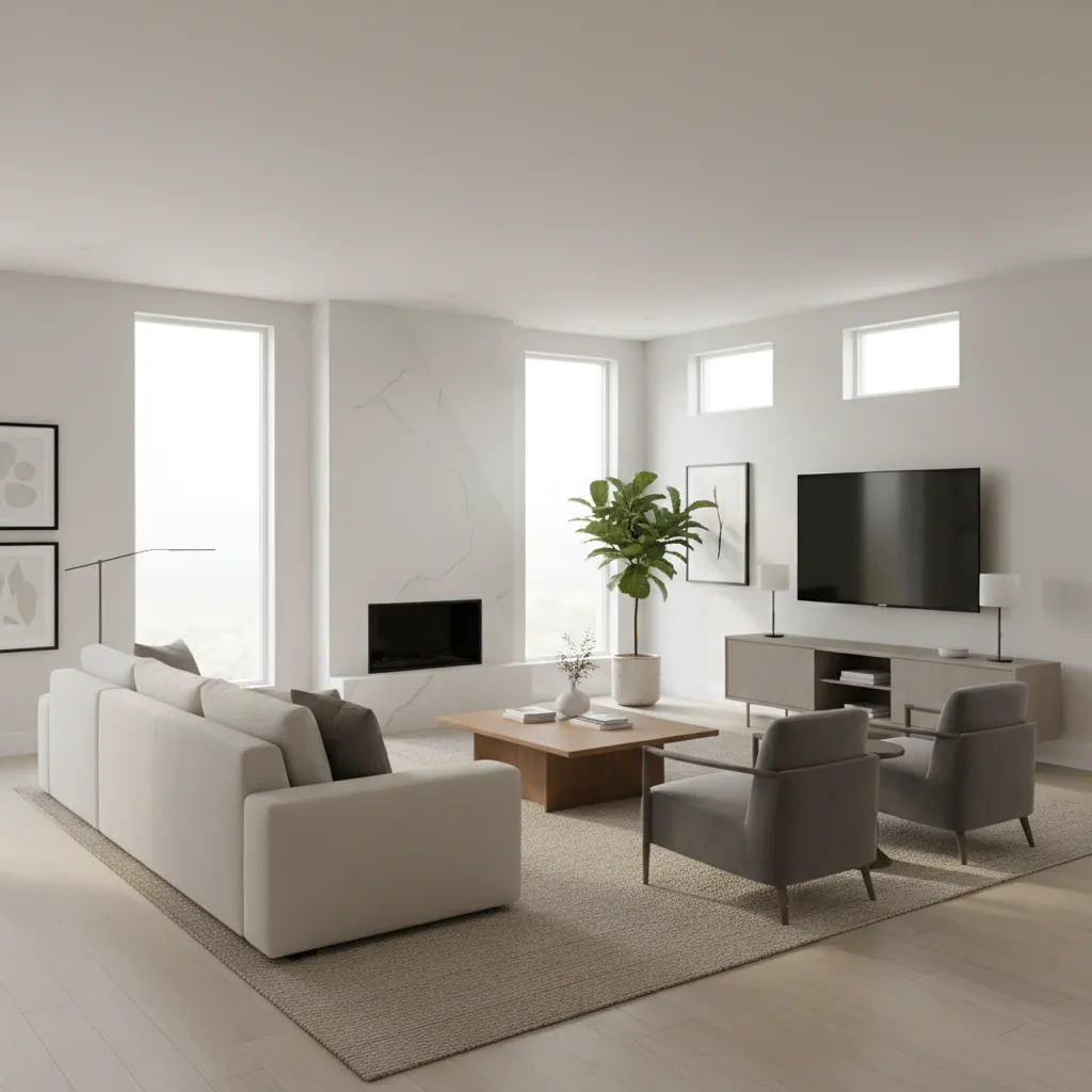 Living room layout showing diagonal couch arrangement creating a conversation zone