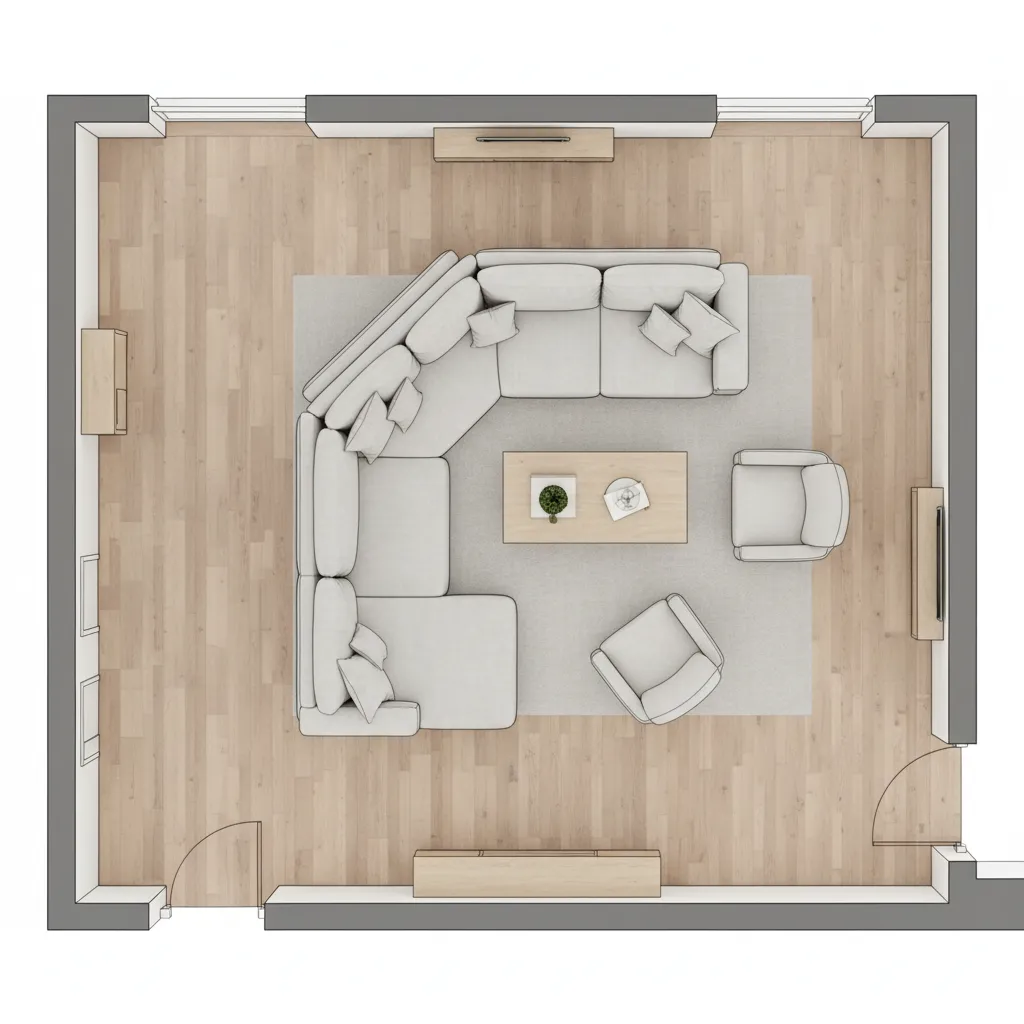 living room layout showing diagonal sofa placement with traffic flow