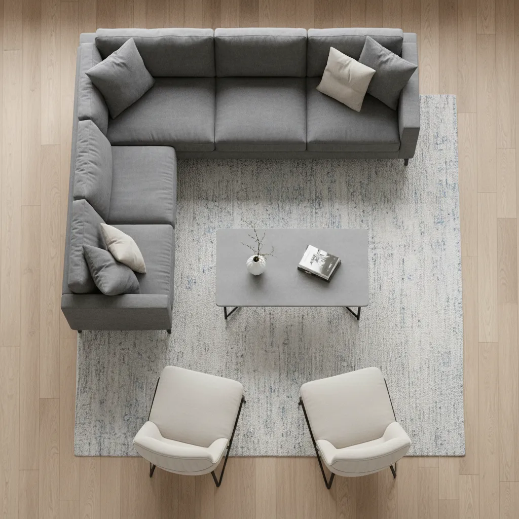Angled sofa and chairs arranged with balanced spacing around a coffee table