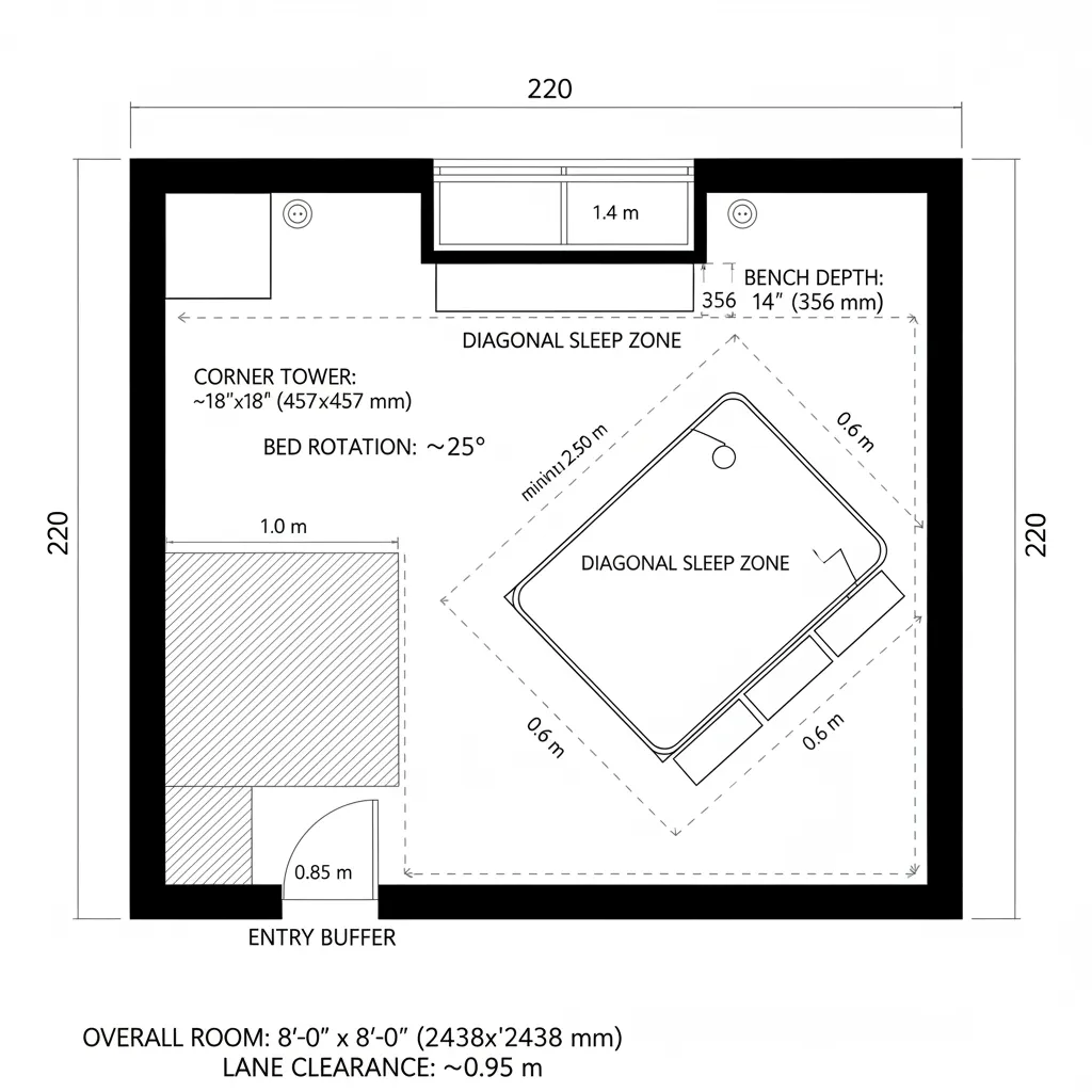 Top-down CAD plan of 8x8 bedroom with diagonal platform bed, entry buffer rug, and window bench