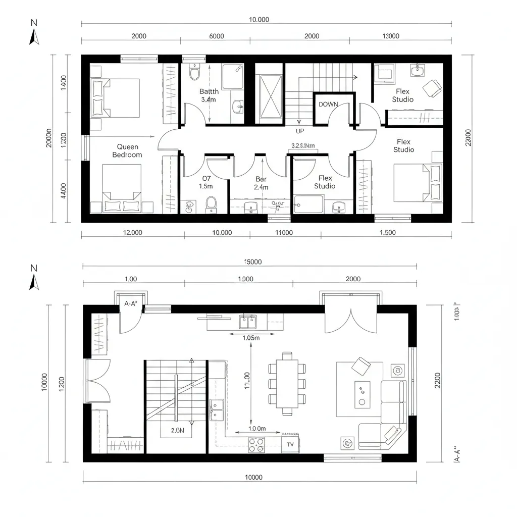 Orthographic CAD plan with diagonal stair organizing social and private zones