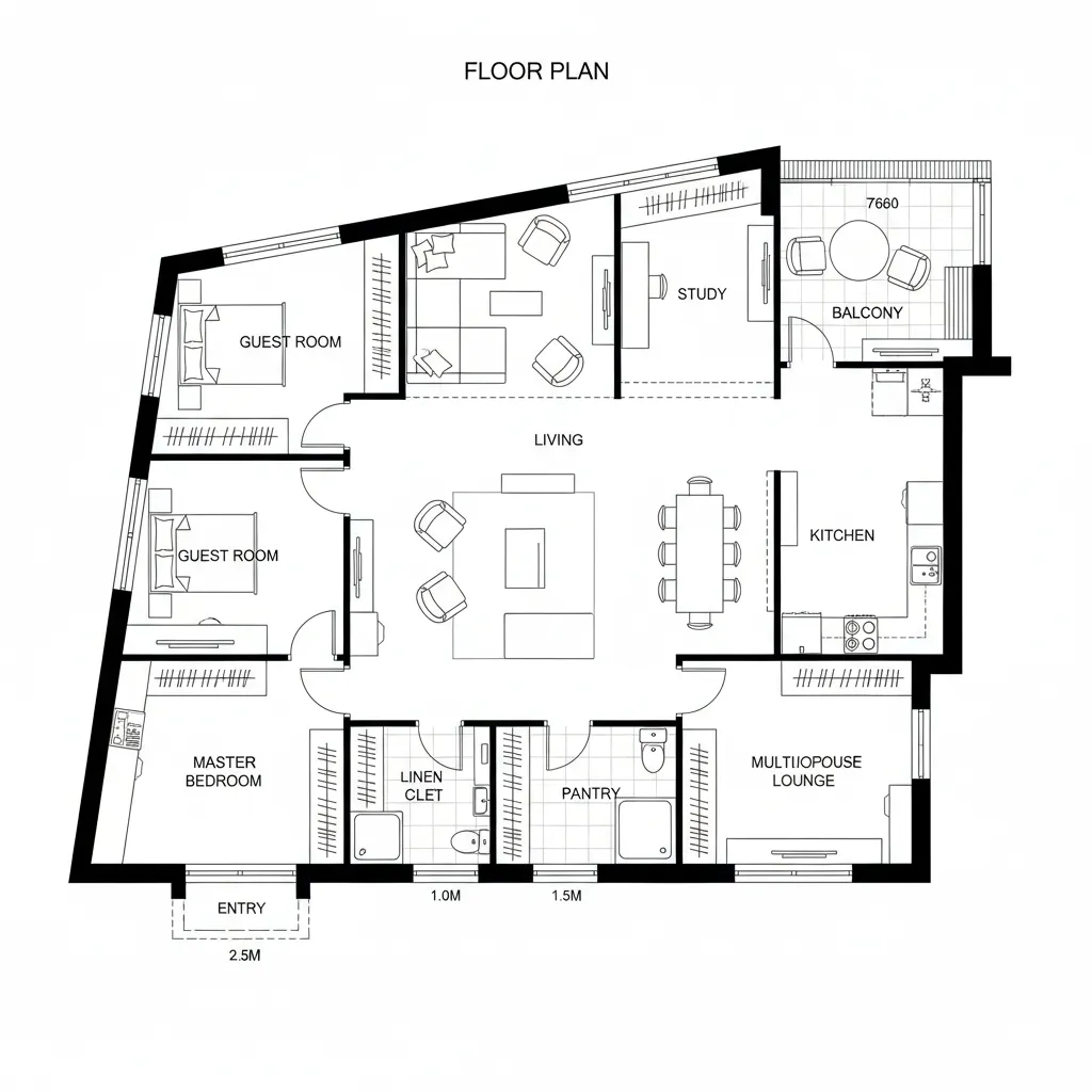 Labeled room layout showing master bedroom guest rooms living area kitchen and study with balcony