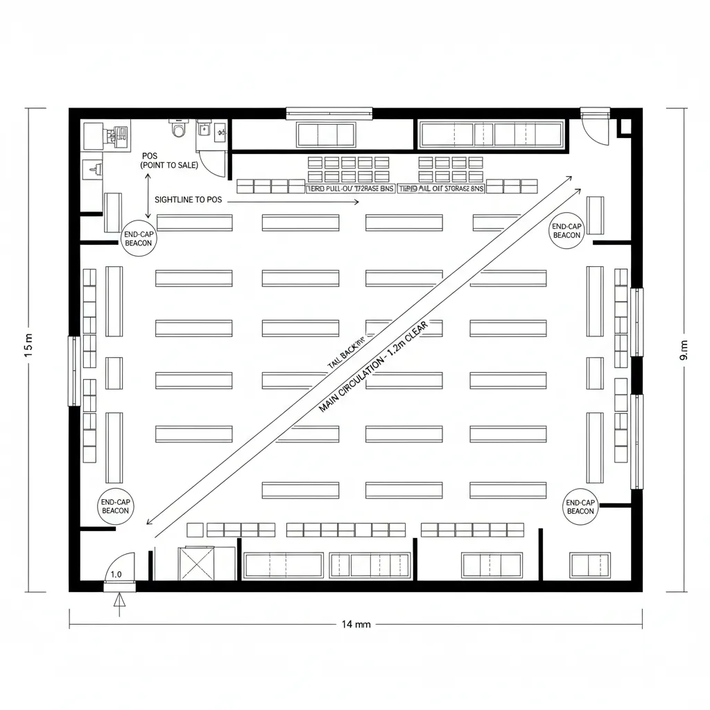Top-down CAD plan showing a diagonal spine with 90-degree cross-stacks and POS