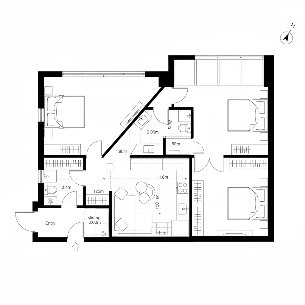 Spacious apartment floor plan featuring diagonal wall entry three beds living area kitchen and bathroom