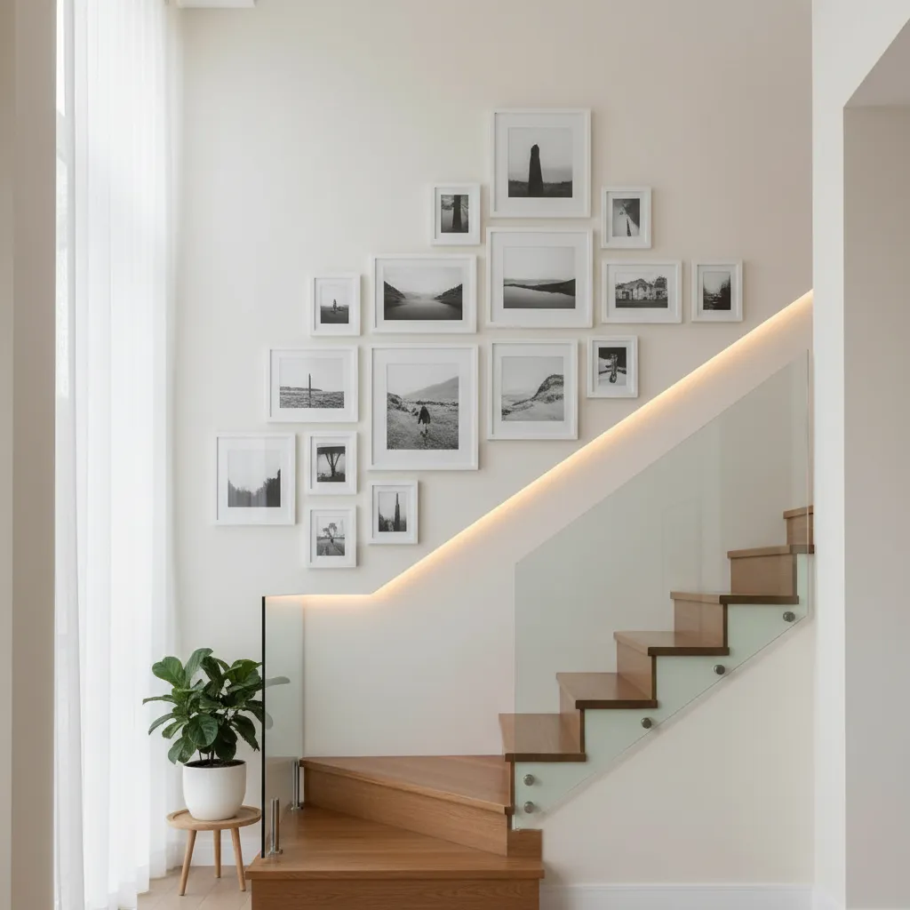 diagonal stair step photo layout following staircase slope