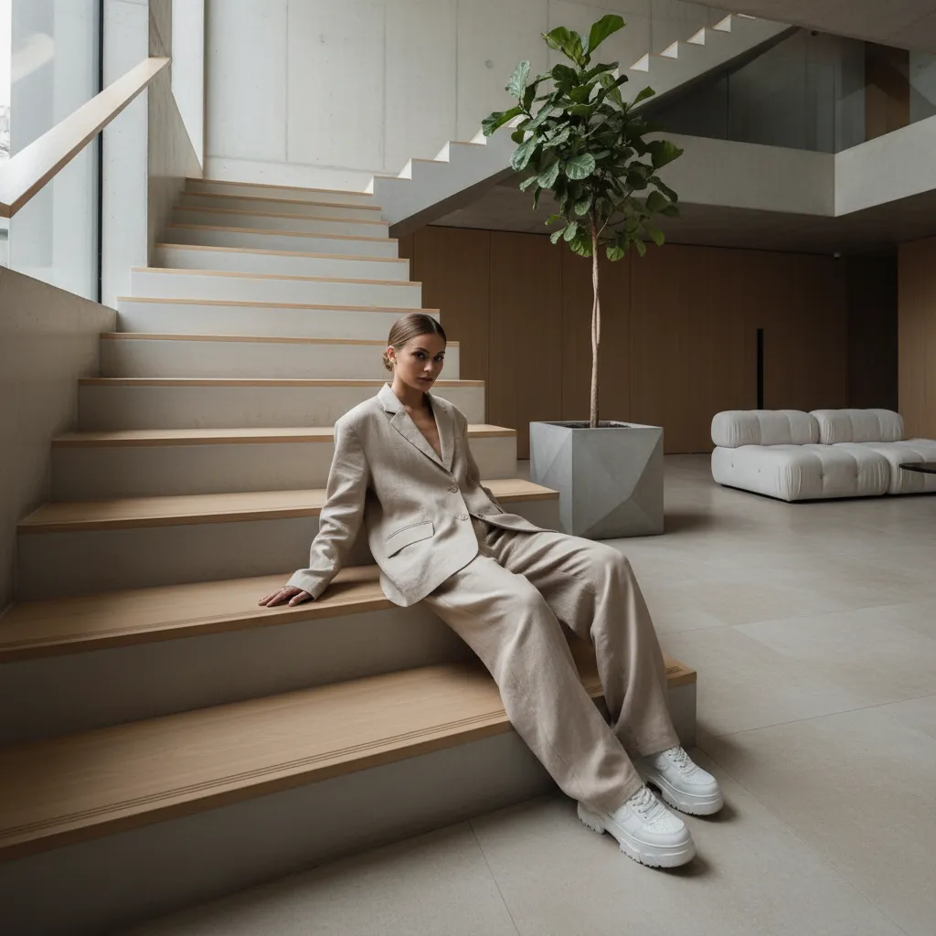 Model positioned along diagonal staircase lines creating strong composition