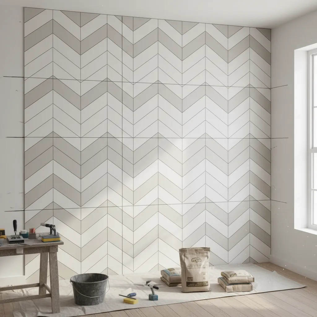 Diagonal wall tile layout with chalk alignment guide lines