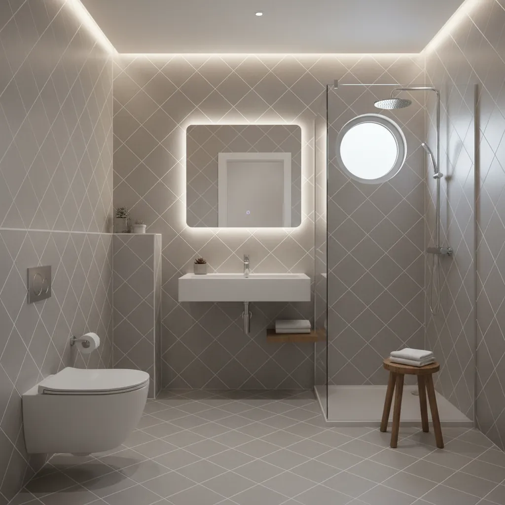 Diagonal tile layout in a small bathroom making space feel larger