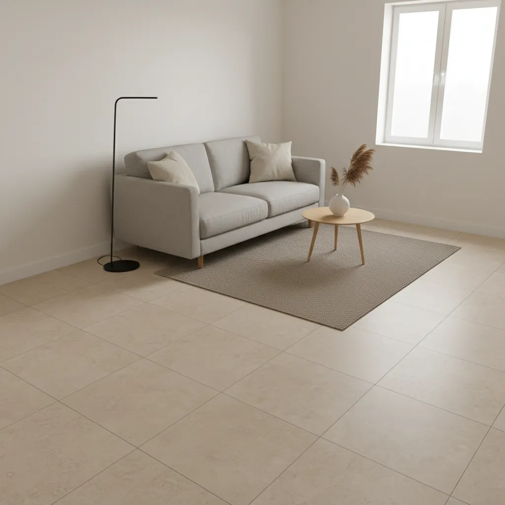 Minimalist living room with grey sofa wooden coffee table floor lamp and diagonal beige floor tiles