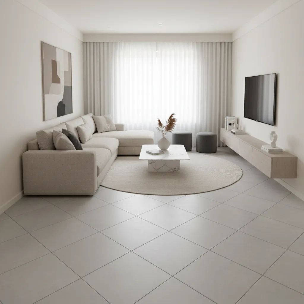 diagonal tile layout in a small living room floor design