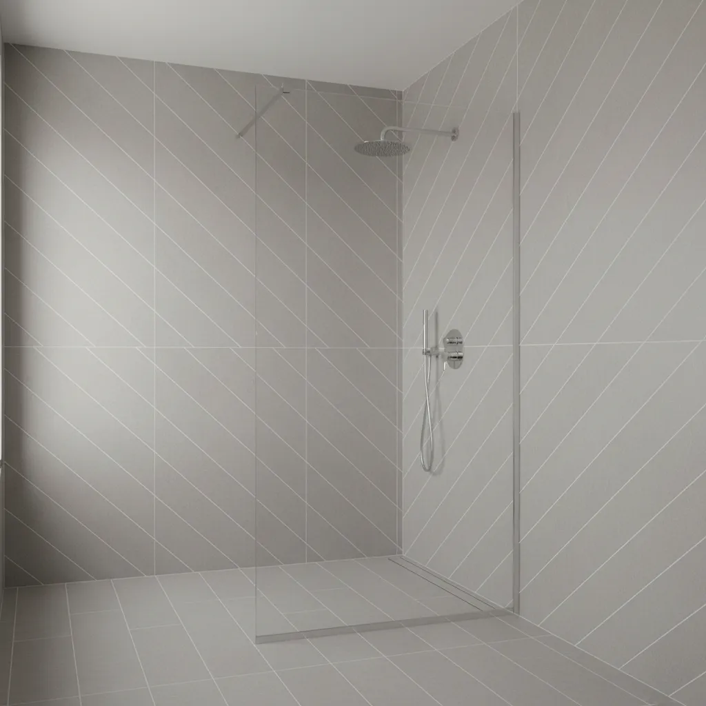 Small shower wall with diagonal tile layout expanding visual space