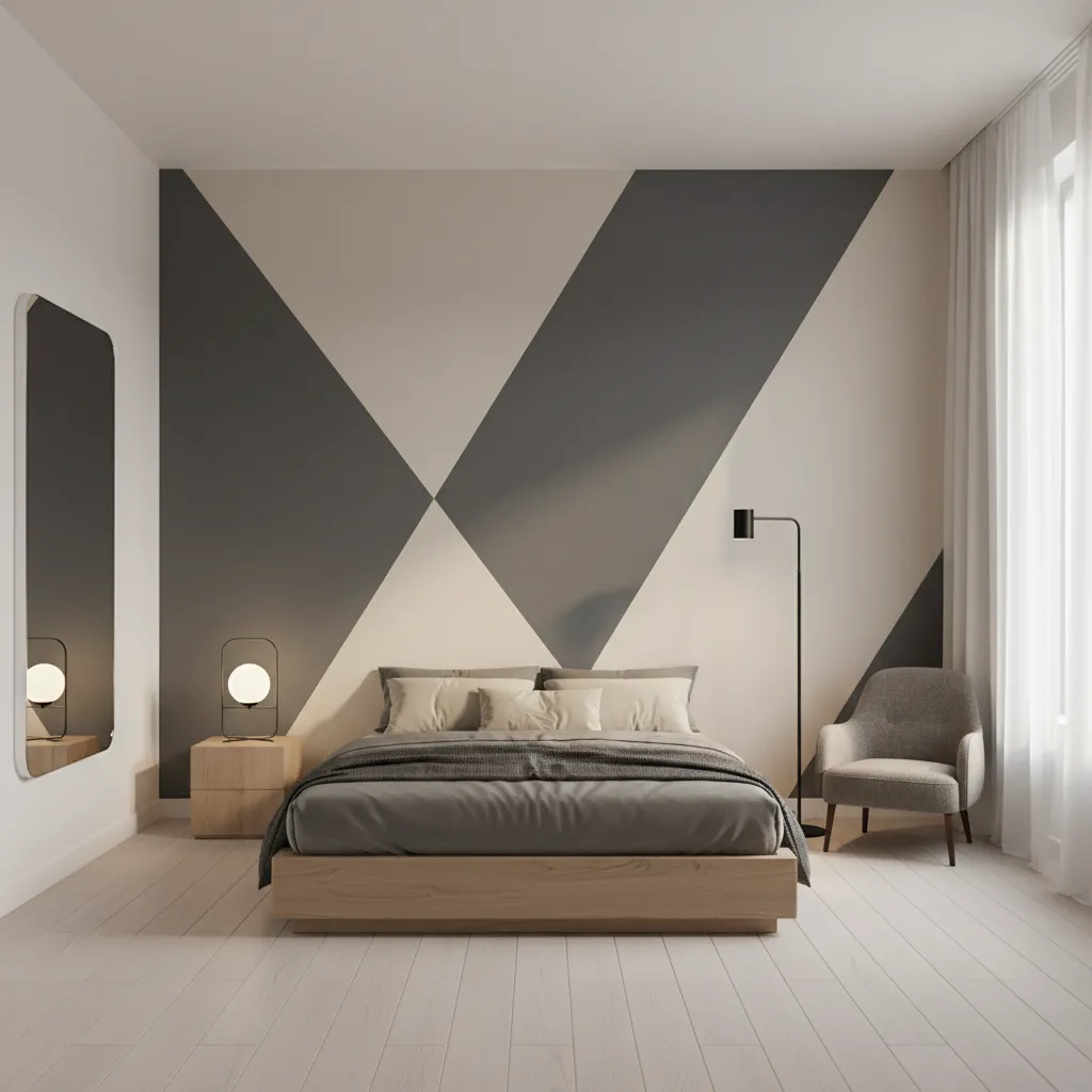 Diagonal triangle wall paint layout stretching across wall