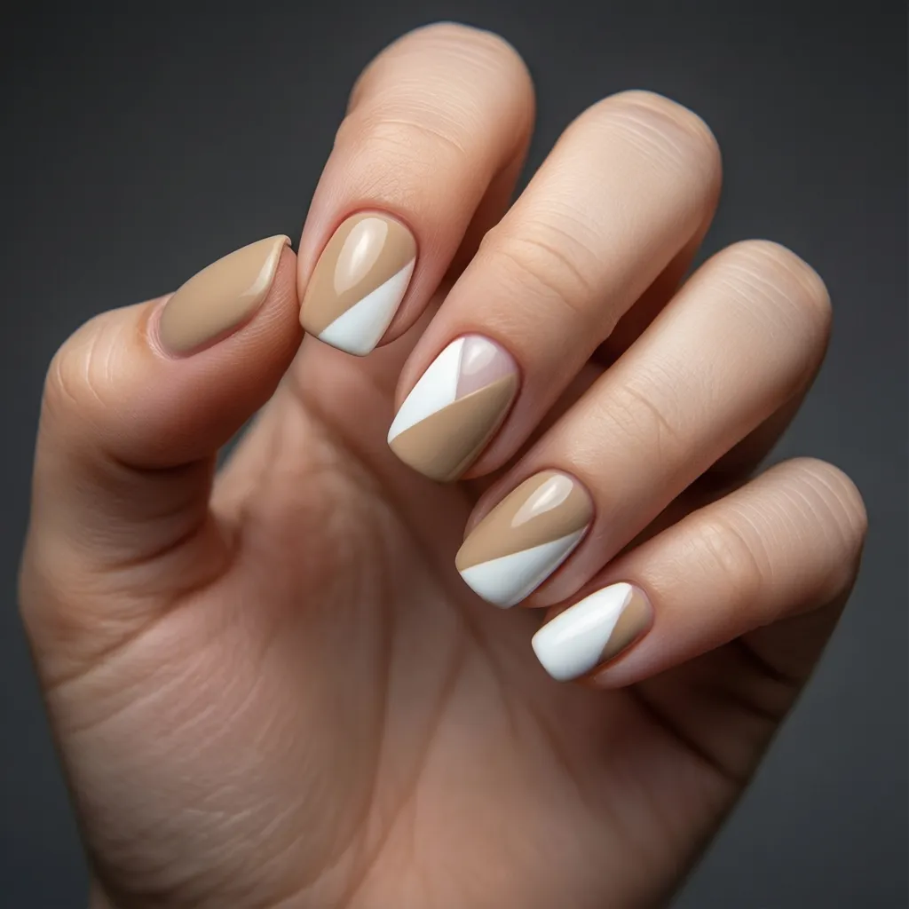 Uñas cortas con diseño diagonal de dos colores