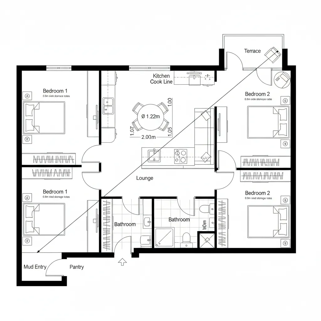 Diagonal Vector: Kitchen-to-Terrace Axis
