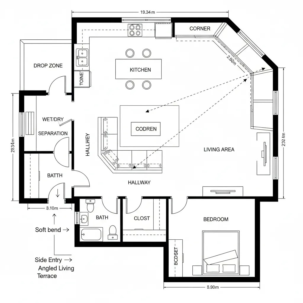 Top-down CAD plan with angled living, corner windows, and offset bedroom