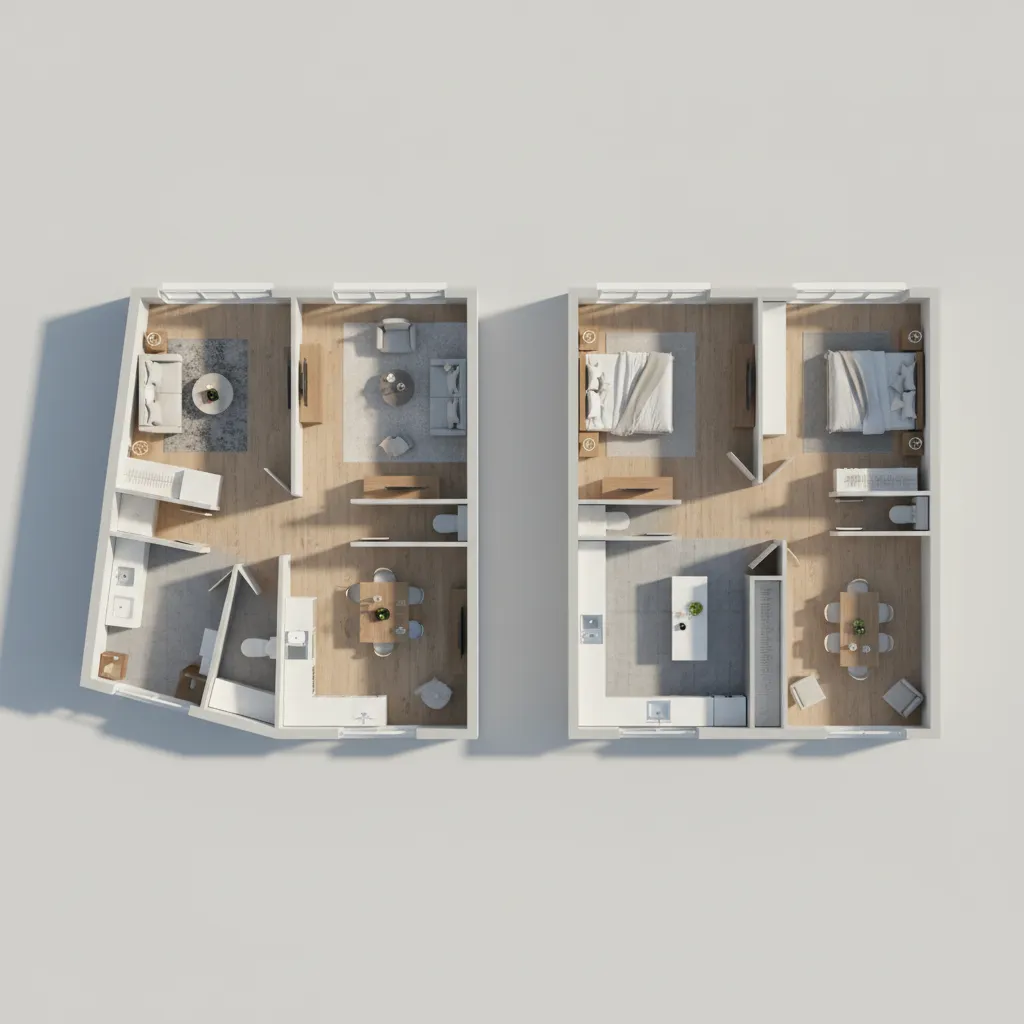 Comparison of diagonal room layout versus rectangular floor plan with furniture in interior design drawing