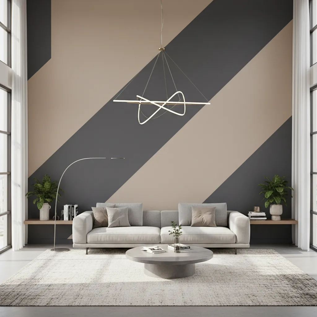 modern hall with diagonal geometric wall paint design