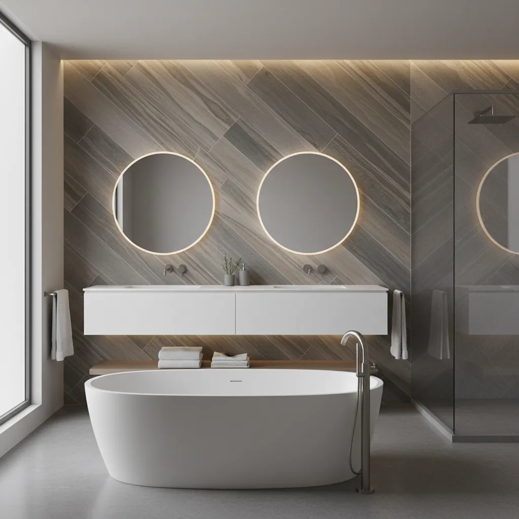 Feature wall with diagonal ceramic tile layout creating dynamic visual movement