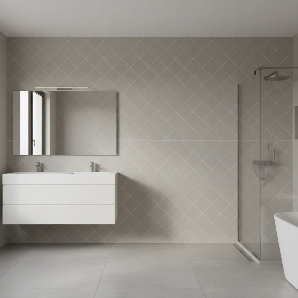 Diagonal tile layout on bathroom wall showing 45 degree pattern